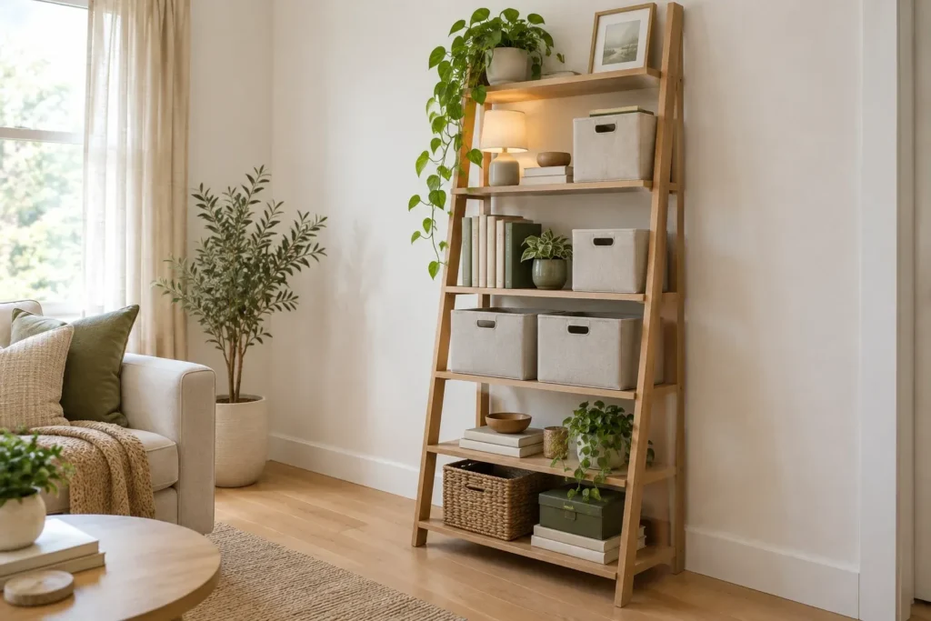 Leaning wooden shelf with fabric bins against a wall, a no-drill storage idea for renters.