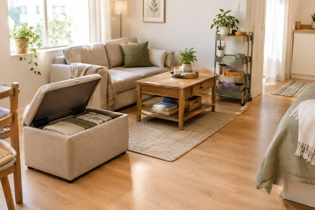 Open storage ottoman and coffee table with drawer in a small studio living room for tiny apartment storage.